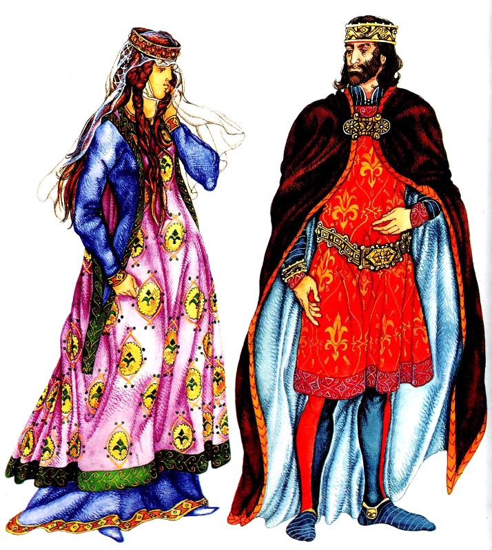 костюм Средних веков. Знатная женщина и король